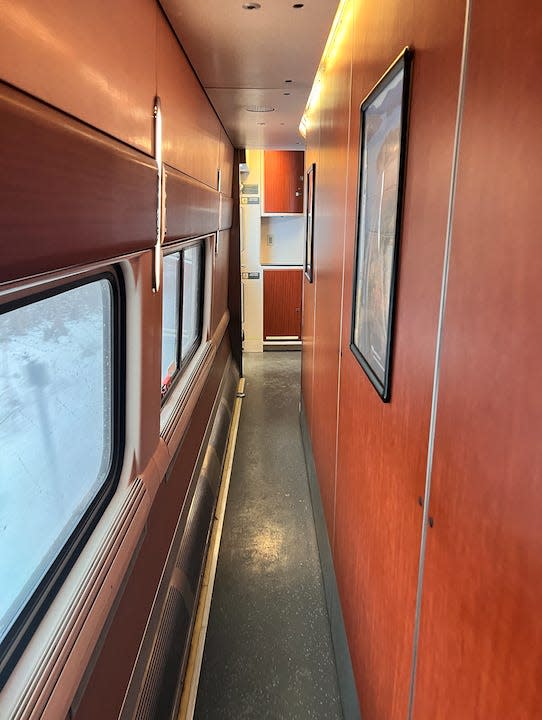 A view down the hallway in the sleeping car on Amtrak's Lake Shore Limited.