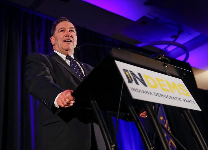 Indiana Senator Joe Donnelly talks to the media at the Indiana Democratic election party at the Hyatt Regency downtown Indianapolis on Tuesday, Nov. 6, 2018.