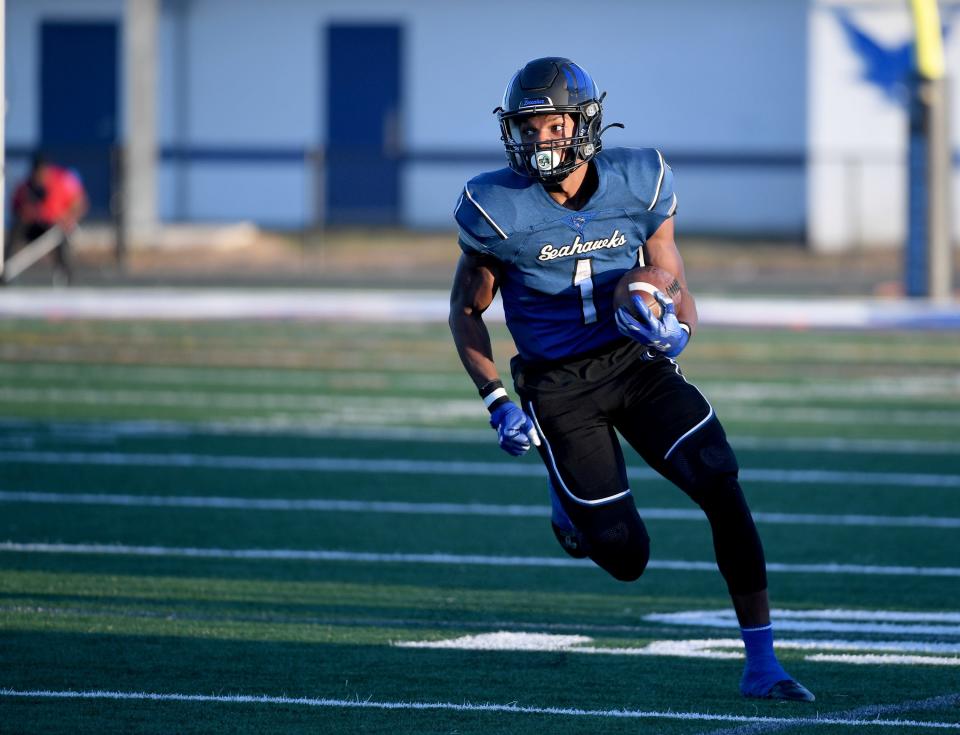 Decatur's Careen Bolden (1) returns the punt against Bennett Friday, Sept. 15, 2023, in Berlin, Maryland. The Seahawks defeated the Clippers 35-0.