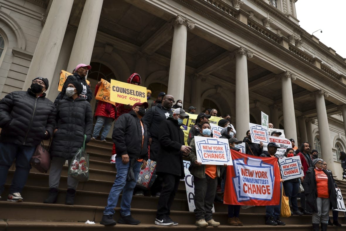 Advocates for people with mental illnesses protest New York City Mayor Eric Adams’ plan to force people from the streets and into mental health treatment, Wednesday, Dec. 7, 2022, in New York. (AP Photo/Julia Nikhinson)