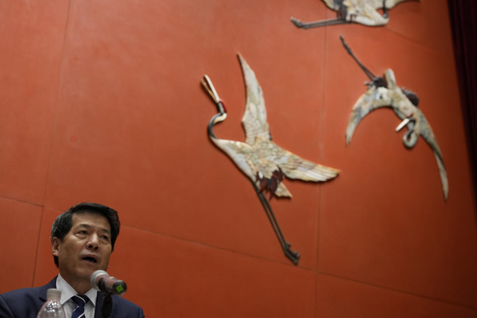 China's Ukraine envoy Li Hui speaks to media in Beijing, Friday, June 2, 2023. Li appealed Friday to other governments to "stop sending weapons to the battlefield" and hold peace talks but gave no indication that his trip to the region made any progress toward a settlement. (AP Photo/Ng Han Guan)