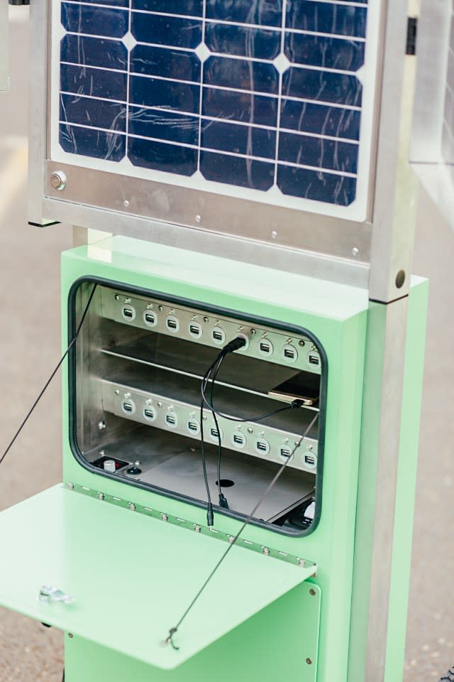 A closer look at the charging station inside the kiosk.