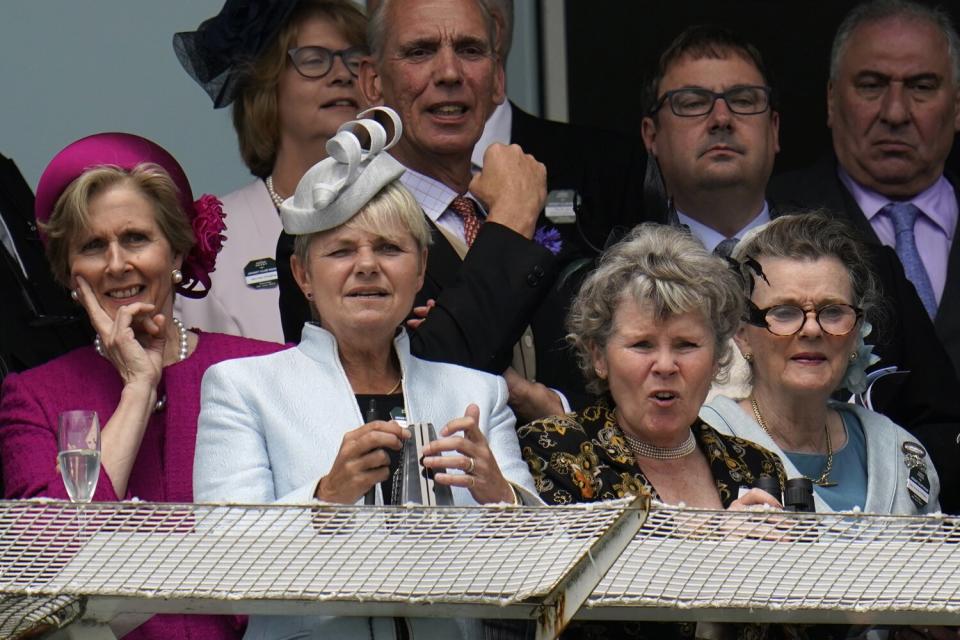 Imelda Staunton (2nd right) in the stands on Derby Day during the Cazoo Derby Festival 2022 at Epsom Racecourse