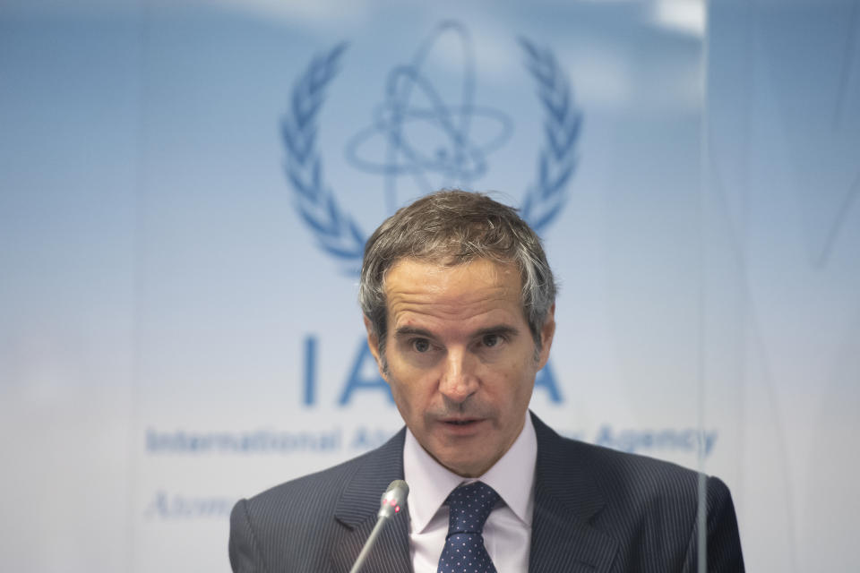 Director General of the International Atomic Energy Agency (IAEA), Rafael Mariano Grossi, speaks during a press conference during an IAEA Board of Governors meeting at the IAEA headquarters of the UN in Vienna, Austria, Nov. 18, 2020. (Christian Bruna/Pool Photo via AP)