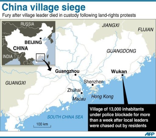 Map of Guangdong province in southern China locating Wukan village. Protesters in the village say they will march on government offices this week unless the body of a local leader is released and four villagers in police custody are freed