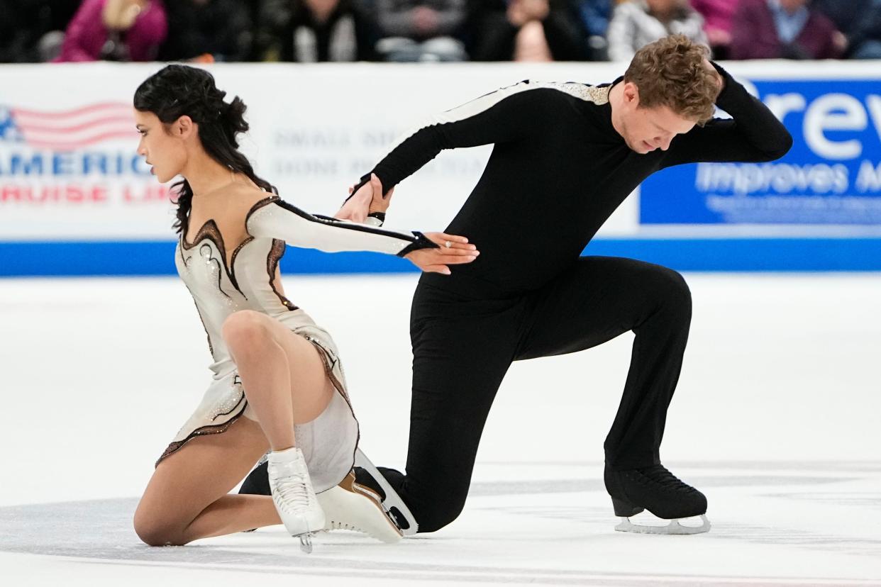 Madison Chock and Evan Bates perform their free dance program at Nationwide Arena. They scored high enough to capture their fifth U.S. title.