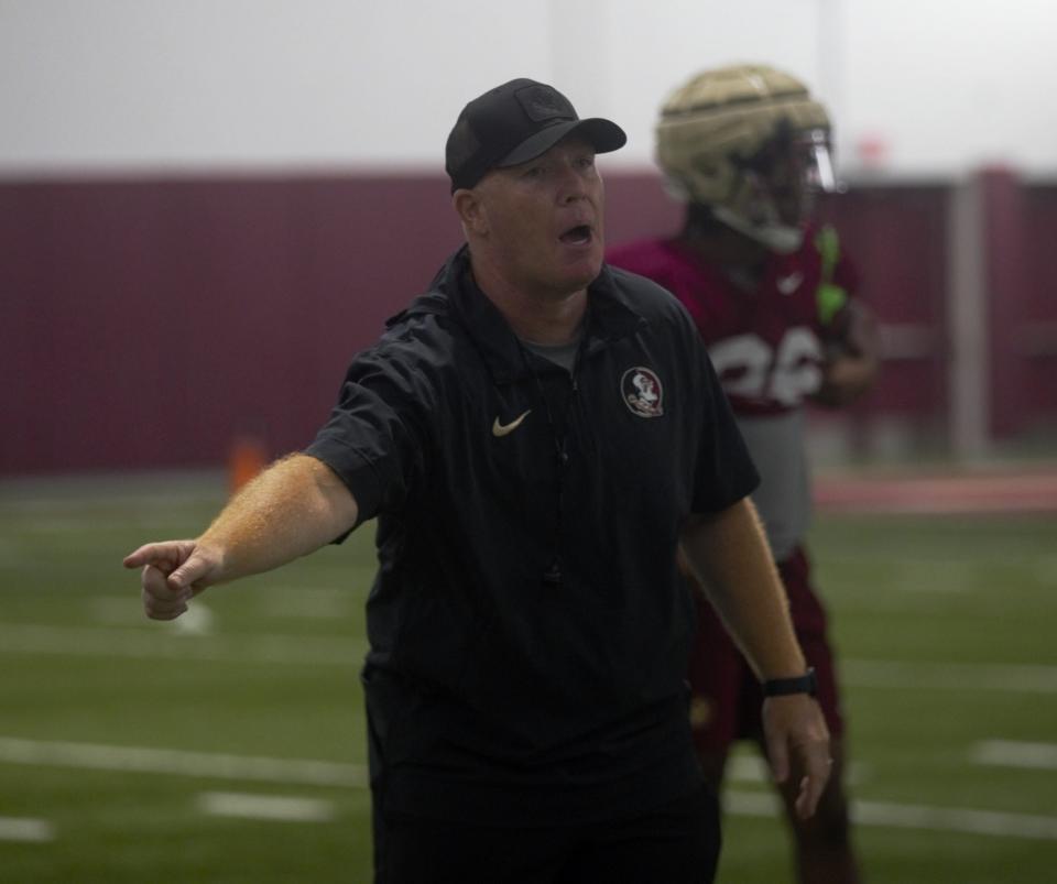 Florida State football players participate in day two of fall pracice at the Albert J. Dunlap center on Friday, July 26, 2024