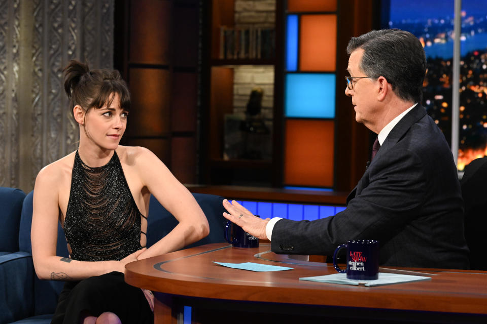 NEW YORK CITY - MARCH 11: The Late Show with Stephen Colbert and guest Kristen Stewart during Monday's March 11, 2024 show. (Photo by Scott Kowalchyk/CBS via Getty Images)