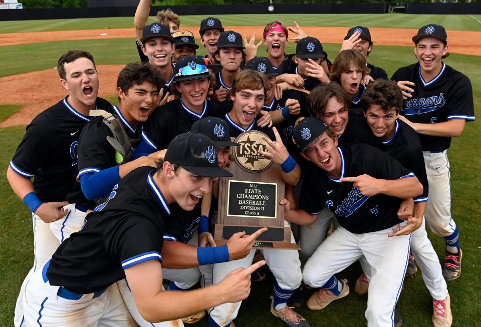 Goodpasture Christian players celebrate after receiving the trophy in an TSSAA Division II A state boys baseball tournament championship game Friday, May 27, 2022, in Murfreesboro, Tenn. Goodpasture Christian beat Northpoint Christian 12-1.  