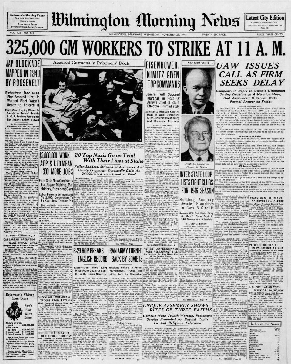 Front page of the Wilmington Morning News from Nov. 21, 1945.