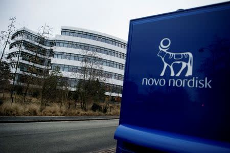 Novo Nordisk logo is seen in Bagsvaerd outside of Copenhagen, Denmark February 1, 2017. Scanpix Denmark/Liselotte Sabroe via REUTERS