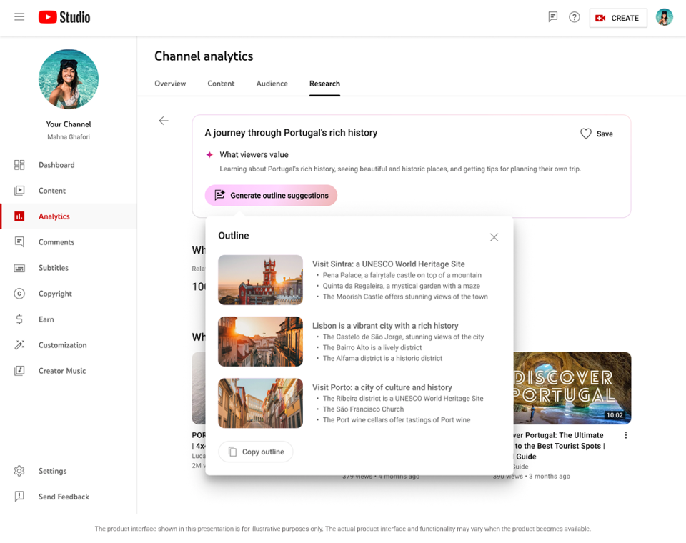 YouTube marketing screenshot of an upcoming generative feature called AI insights. The shot shows a creator's YouTube Studio page. The Channel analytics page has a box up top that says, 