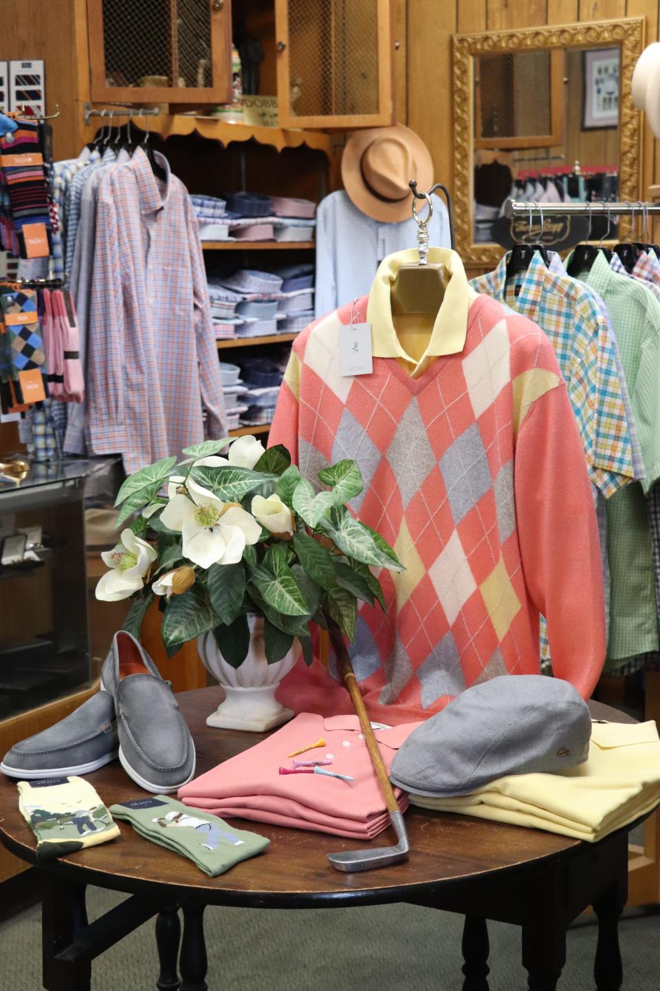 Gentry Men's Shop offers vests, sweaters, high-quality shirts made in Italy, golf-themed socks and the perfect hats for Masters patrons.