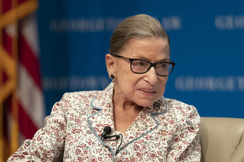 Supreme Court Associate Justice Ruth Bader Ginsburg speaks about her work and gender equality during a panel discussion at the Georgetown University Law Center in Washington, Tuesday, July 2, 2019. (AP Photo/Manuel Balce Ceneta)