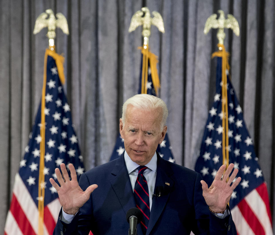 Former Vice President Joe Biden, a 2020 Democratic presidential hopeful, speaks during a town all meeting with a group of educators from the American Federation of Teachers on Tuesday, May 28, 2019, in Houston. (Brett Coomer/Houston Chronicle via AP)