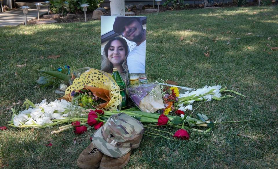 A man shot by a Modesto Police Officer following a family disturbance call Thursday night died of his injuries, according to Modesto Police. A memorial has been placed at the home on Entrada Way in Modesto, Calif., on Friday, July 15, 2022.