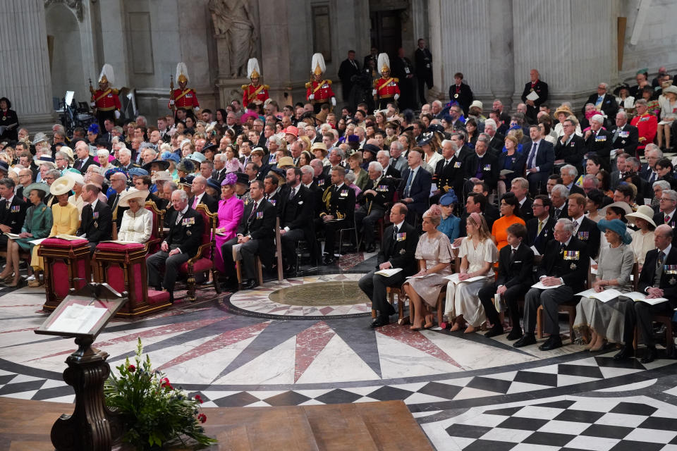 (seated front, left to right) Vice Admiral Sir Tim Laurence, the Princess Royal, the Duchess of Cambridge, the Duke of Cambridge, the Duchess of Cornwall, the Prince of Wales , the Earl of Wessex, the Countess of Wessex, Lady Louise Windsor, James, Viscount Severn, the Duke of Gloucester, and the Duchess of Gloucester, with the wider members of the Royal Family seated behind during the National Service of Thanksgiving at St Paul's Cathedral, London, on day two of the Platinum Jubilee celebrations for Queen Elizabeth II. Picture date: Friday June 3, 2022. (Photo by Aaron Chown/PA Images via Getty Images)