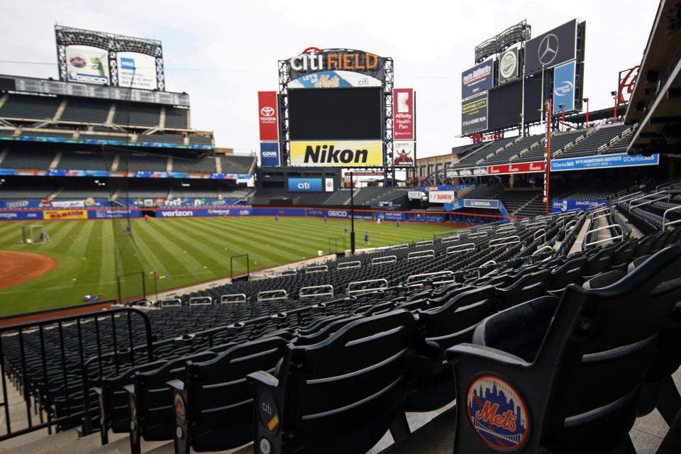 A general view of the New York Mets taking batting practice during a baseball workout at Citi Field in New York, Friday, July 3, 2020. (AP Photo/Adam Hunger)