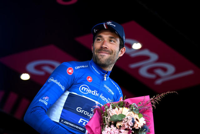 NAPLES ITALY  MAY 11 Thibaut Pinot of France and Team Groupama  FDJ  Blue Mountain Jersey celebrates at podium during the 106th Giro dItalia 2023 Stage 6 a 162km stage from Naples to Naples  UCIWT  on May 11 2023 in Naples Italy Photo by Tim de WaeleGetty Images