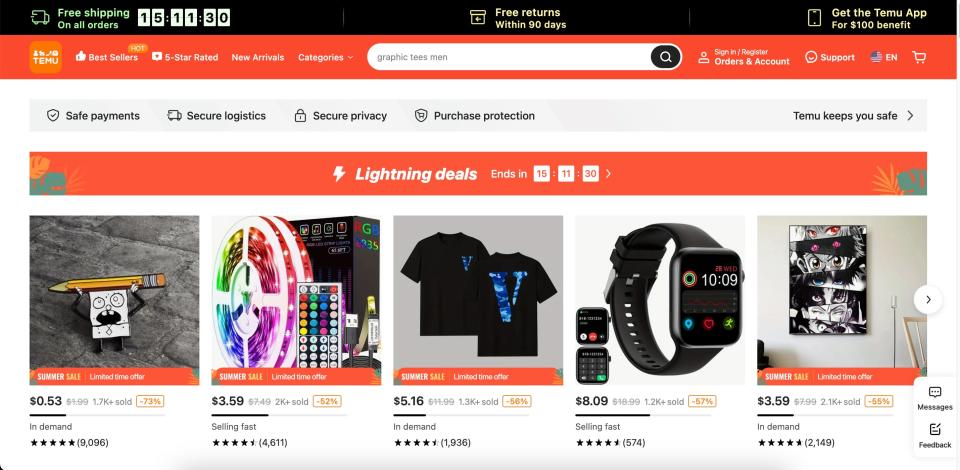 screenshot of Temu's website shows flash deals across the screen