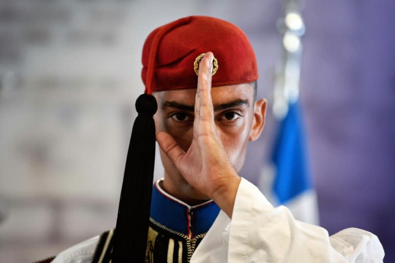 Christos Lialis, one of the evzones -- Greece's presidential guard -- dressed in the unit's ceremonial outfit