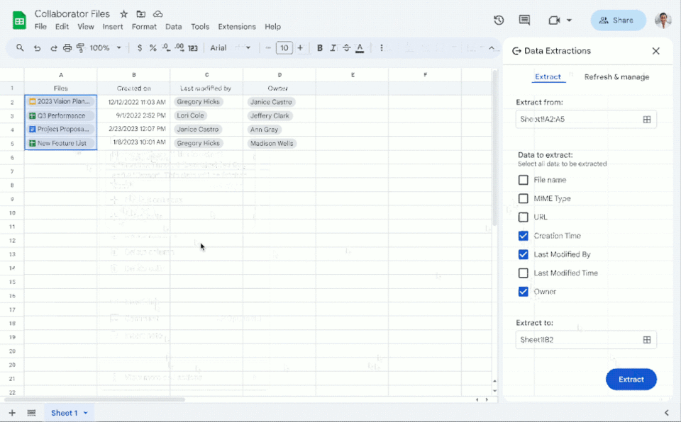 Google Sheets smart chips metadata