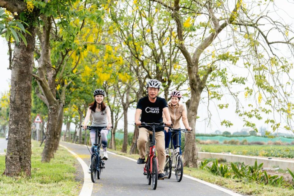 曾被票選為全台最美自行車道之一的「朴子溪自行車道」正逢花季，非常適合騎自行車拍照打卡。（記者張翔 翻攝）