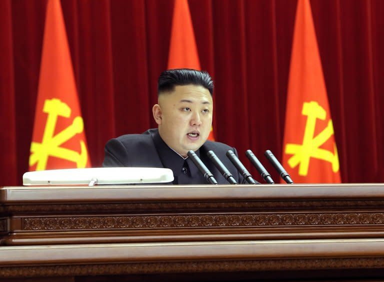 North Korean leader Kim Jong-Un at a Workers' Party of Korea meeting in Pyongyang, March 31, 2013. At the meeting the leadership insisted that the country's nuclear arsenal be beefed up "qualitatively and quantitatively"