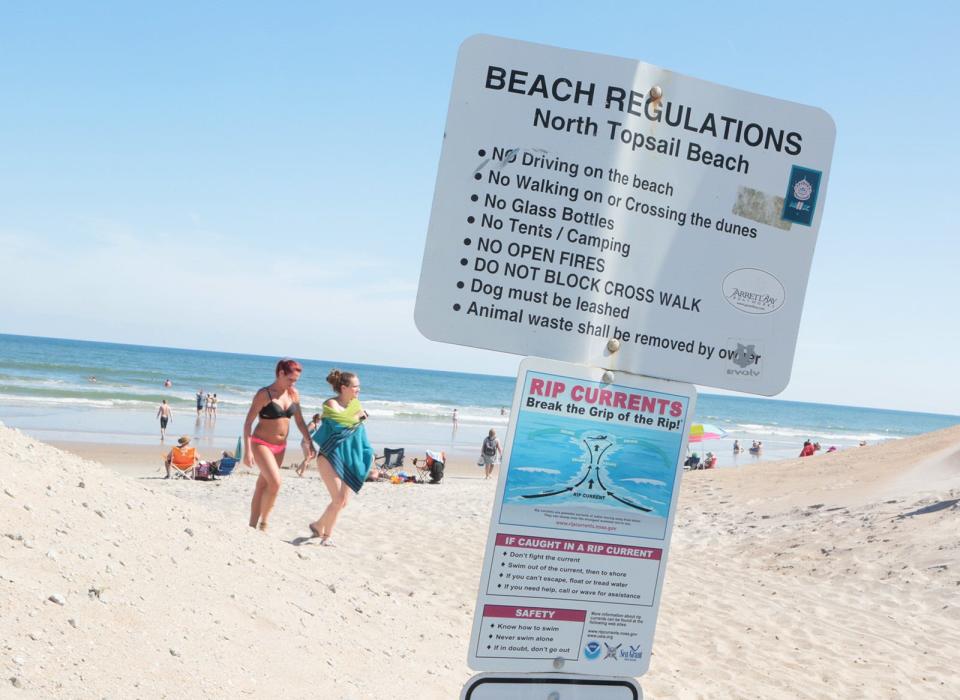 A sign at North Topsail Beach warns of rip currents.