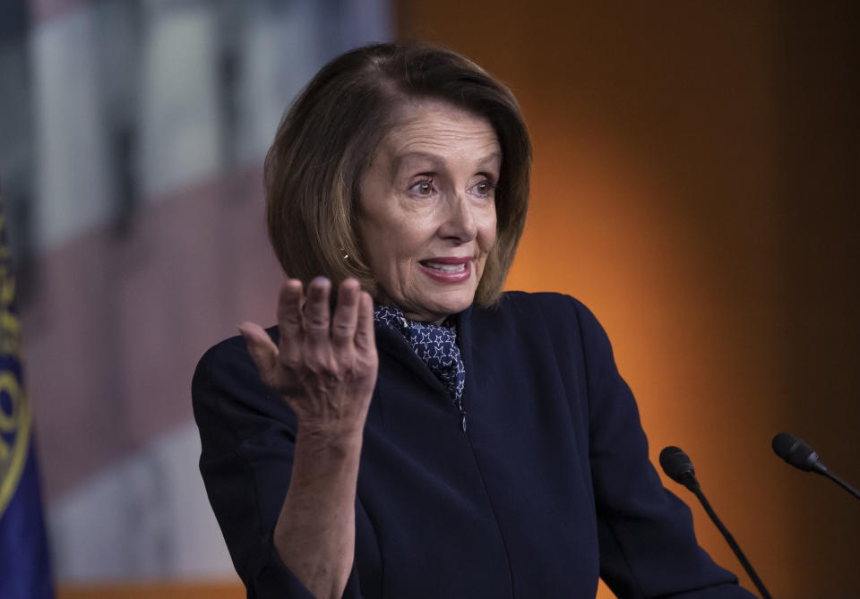 In this Dec. 13, 2018 photo, House Democratic leader Nancy Pelosi of California holds a news conference at the Capitol in Washington. Parties and Christmas cookies only soothe so much in the chilly Capitol after two years of President Donald Trump’s provocations, dramas like Supreme Court Justice Brett Kavanaugh’s confirmation and the elections that flipped the House majority to Democrats. Everyone wants to go home, yet both chambers were scheduled to be in session next week over hefty matters, including the budget and criminal sentencing reform. (AP Photo/J. Scott Applewhite)