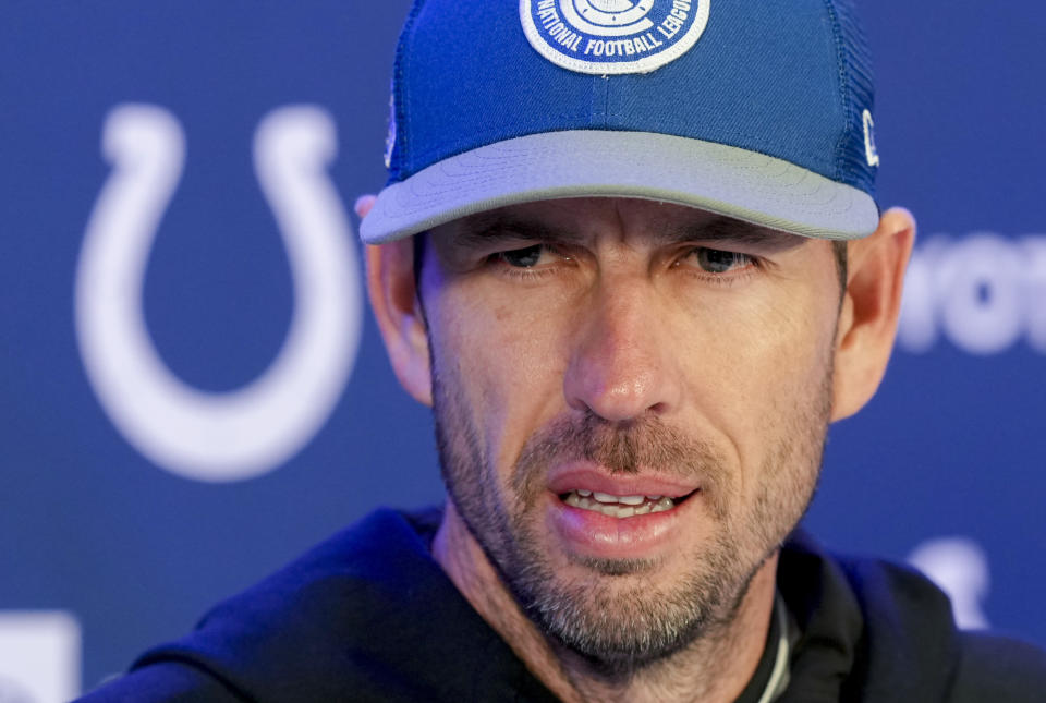 Indianapolis Colts head coach Shane Steichen attends a press conference in Frankfurt, Germany, Friday, Nov. 10, 2023. The New England Patriots will play against the Indiana Colts in a NFL game on Sunday. (AP Photo/Michael Probst)