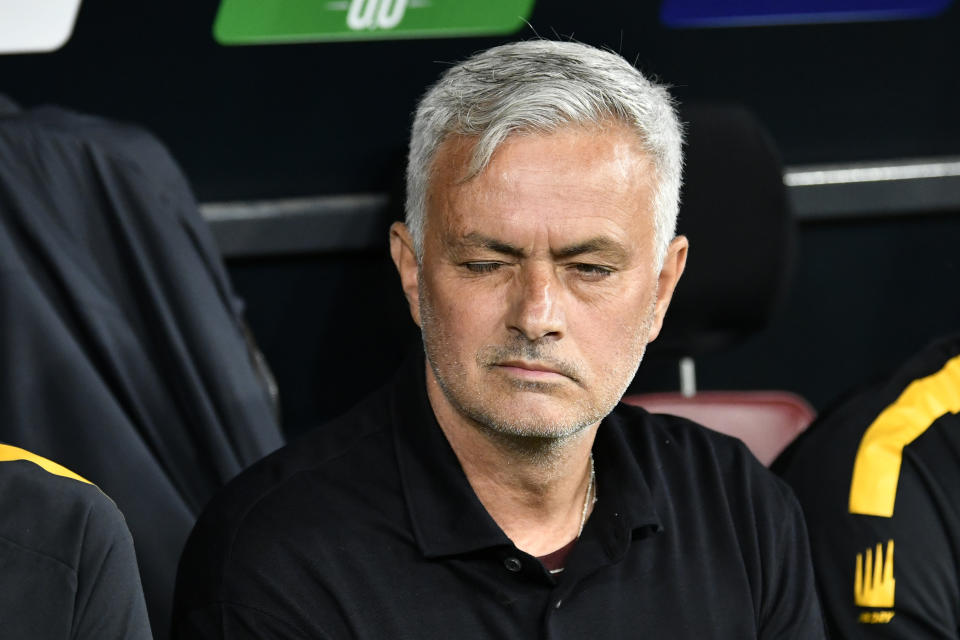 Roma's head coach Jose Mourinho sits on the bench prior to the start of the Europa League final soccer match between Sevilla and Roma, at the Puskas Arena in Budapest, Hungary, Wednesday, May 31, 2023. (AP Photo/Denes Erdos)