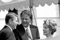 <p>The Rev. Billy Graham, center, talks with President Ronald Reagan and first lady Nancy Reagan at the White House on July 18, 1981. (Photo: J. Scott Applewhite/AP) </p>