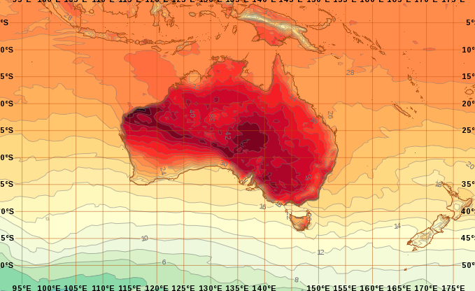 Heatwave conditions across the south of the country are set to intensify over the weekend, as the het moves east, as seen here on Monday. Source: Bureau of Meteorology.