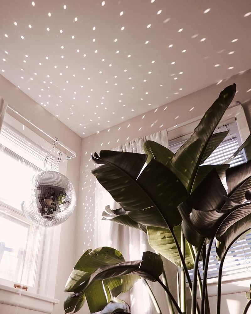 Disco ball hangs near an apartment window to flood the space with reflective light.