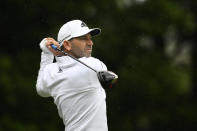 Sergio Garcia, of Spain, hits off the 16th tee during the second round of the Wells Fargo Championship golf tournament, Friday, May 6, 2022, at TPC Potomac at Avenel Farm golf club in Potomac, Md. (AP Photo/Nick Wass)
