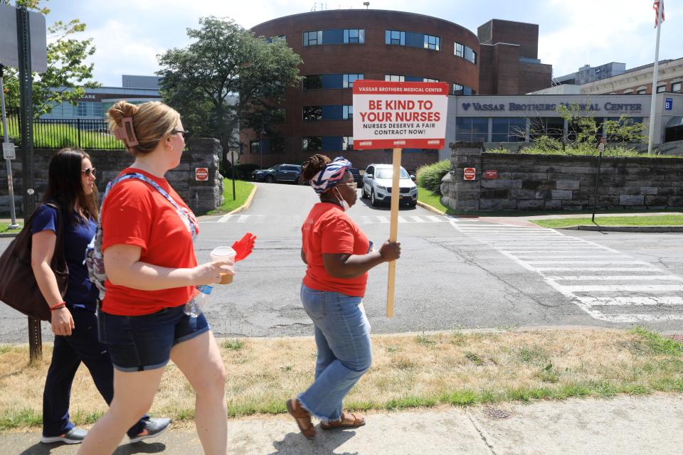 Member of the New York State Nurses Association picket outside Vassar Brothers Medical Center in the City of Poughkeepsie on August 2, 2022.