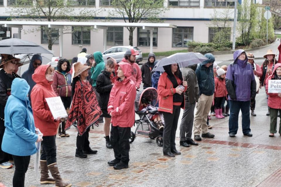 Members of the crowd prepare to march from the Capitol in downtown Juneau at a missing and murdered Indigenous people rally on May 5, 2024. (Photo by Claire Stremple/Alaska Beacon)