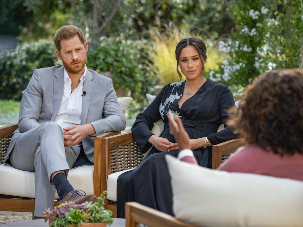 Prince Harry and Meghan Markle, the Duke and Duchess of Sussex, sit down for an interview with Oprah Winfrey. (Photo: CBS)
