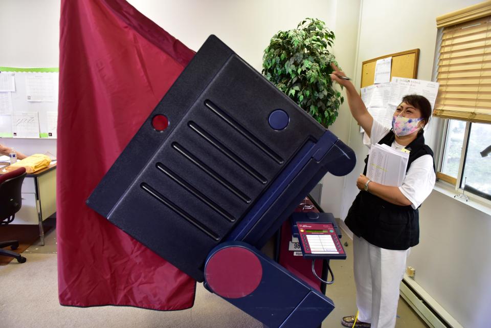 Stephanie Jang, a candidate for Palisades Park Council, is at the polls as a challenger at a voting site at Charles Lindbergh Elementary School on Tuesday July 7, 2020.