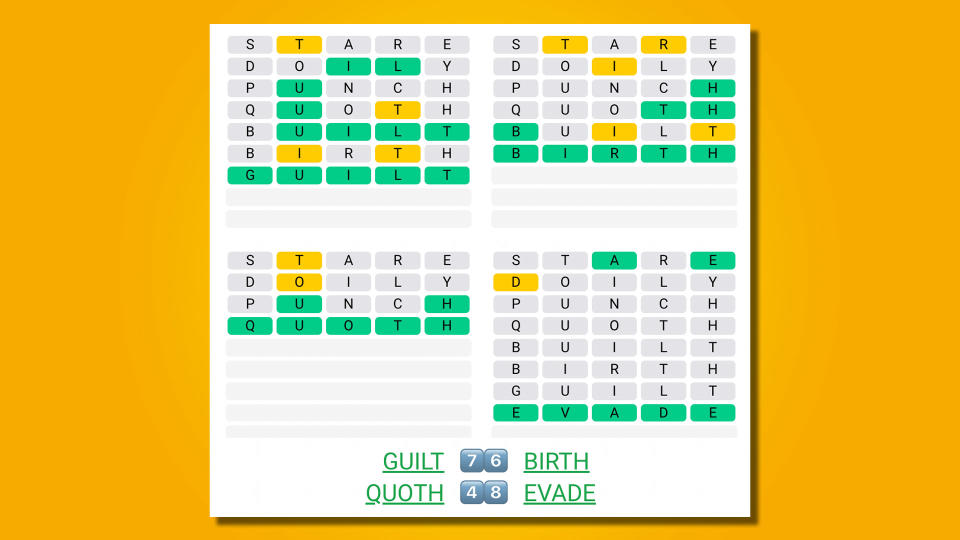 Quordle answers for game 496 on a yellow background