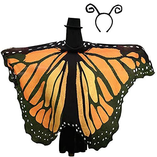 3) GRACIN Halloween Monarch Butterfly Wings Shawl Fairy Pixie Costume Cape with Antennas Headband(78"x50", String Ties, Orange)