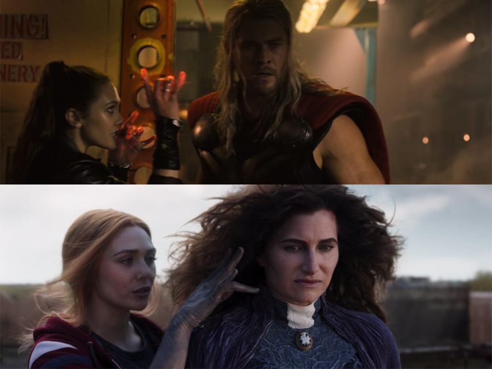 In the top image: Wanda uses power of mental manipulation against Thor in "Avengers: Age of Ultron." In the bottom image: Wanda uses her power of mental manipulation on Agatha in "WandaVision."