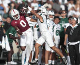 Hawaii defensive back Cam Stone, right, breaks up a pass intended for Stanford wide receiver Mudia Reuben during the first half of an NCAA college football game Friday, Sept. 1, 2023, in Honolulu. (Jamm Aquino/Honolulu Star-Advertiser via AP)