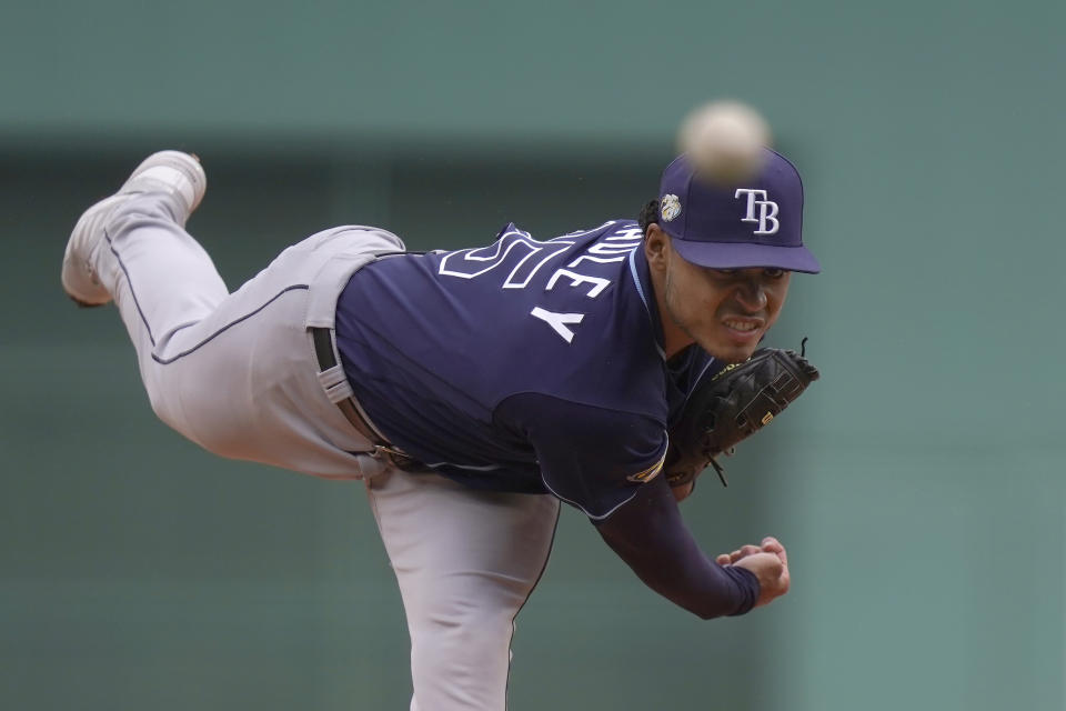 Tampa Bay Rays' Taj Bradley delivers a pitch to a Boston Red Sox hitter in the first inning of a baseball game, Sunday, June 4, 2023, in Boston. (AP Photo/Steven Senne)