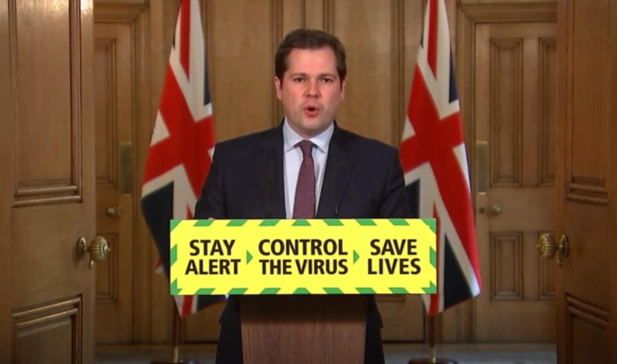 Screen grab of Housing, Communities and Local Government Secretary Robert Jenrick during a media briefing in Downing Street, London, on coronavirus (COVID-19). (Photo by PA Video/PA Images via Getty Images)