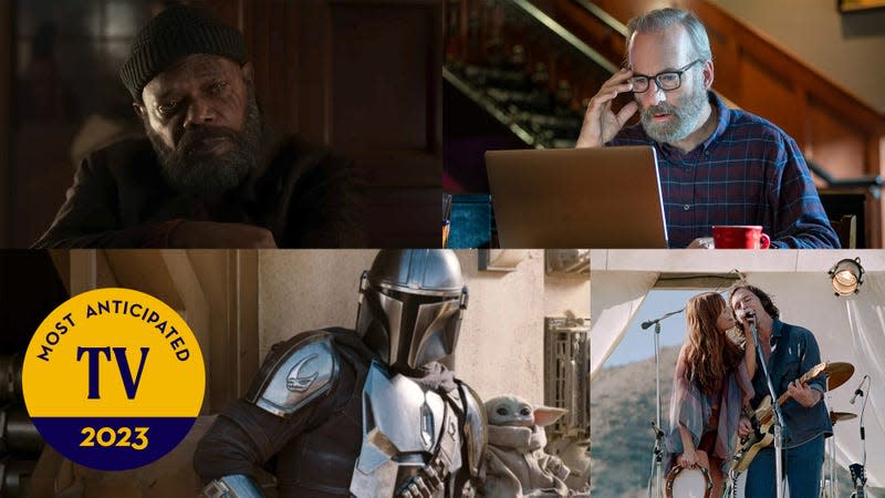 (From L to R): Pedro Pascal in The Mandalorian (Disney+); Samuel L. Jackson in Secret Invasion (Disney+); Bob Odenkirk in Straight Man (Sergei Bachlavok/AMC); Riley Keough and Sam Claflin in Daisy Jones & The Six (Lacey Terrell/Prime Video)