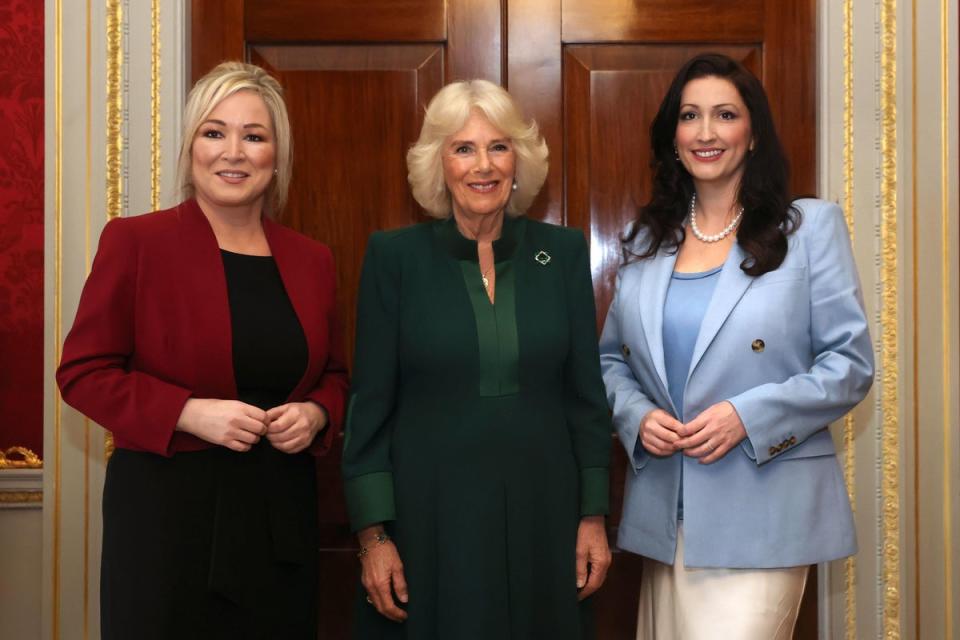 The Queen with first minister Michelle O’Neill, left, and deputy first minister Emma Little-Pengelly (PA)