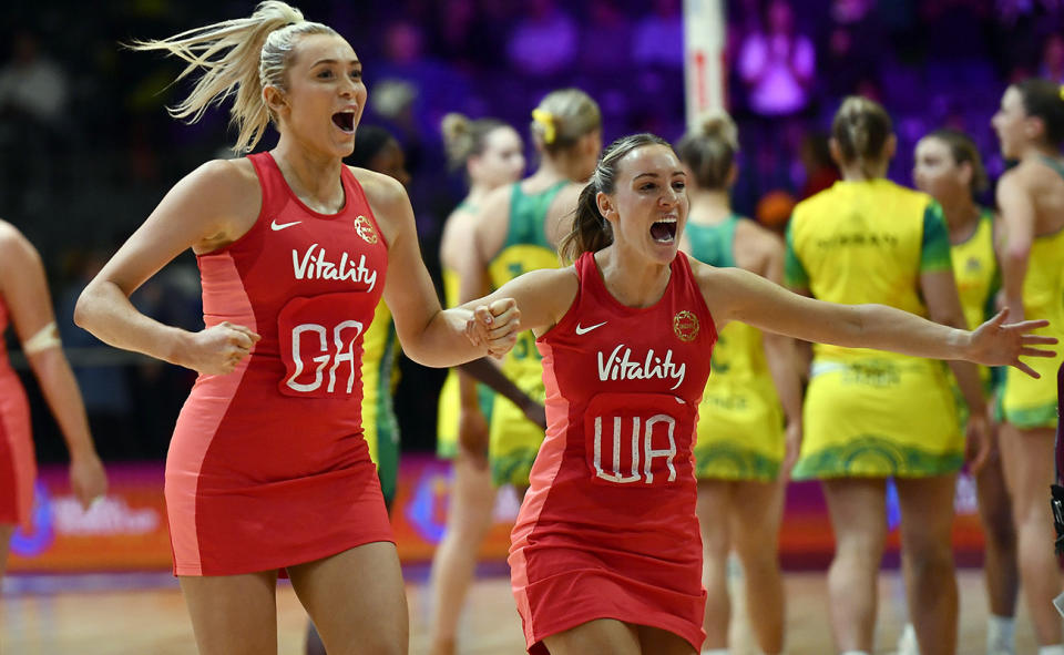England players, pictured here celebrating after beating Australia at the Netball World Cup.