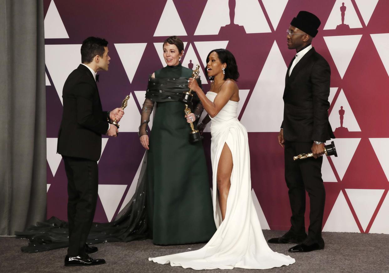 91st Academy Awards – Oscars Photo Room – Hollywood, Los Angeles, California, U.S., February 24, 2019. Best Actor Rami Malek, Best Actress Olivia Colman, Best Supporting Actress Regina King and Best Supporting Actor Mahershala Ali arrive backstage to pose with their awards. REUTERS/Mike Segar